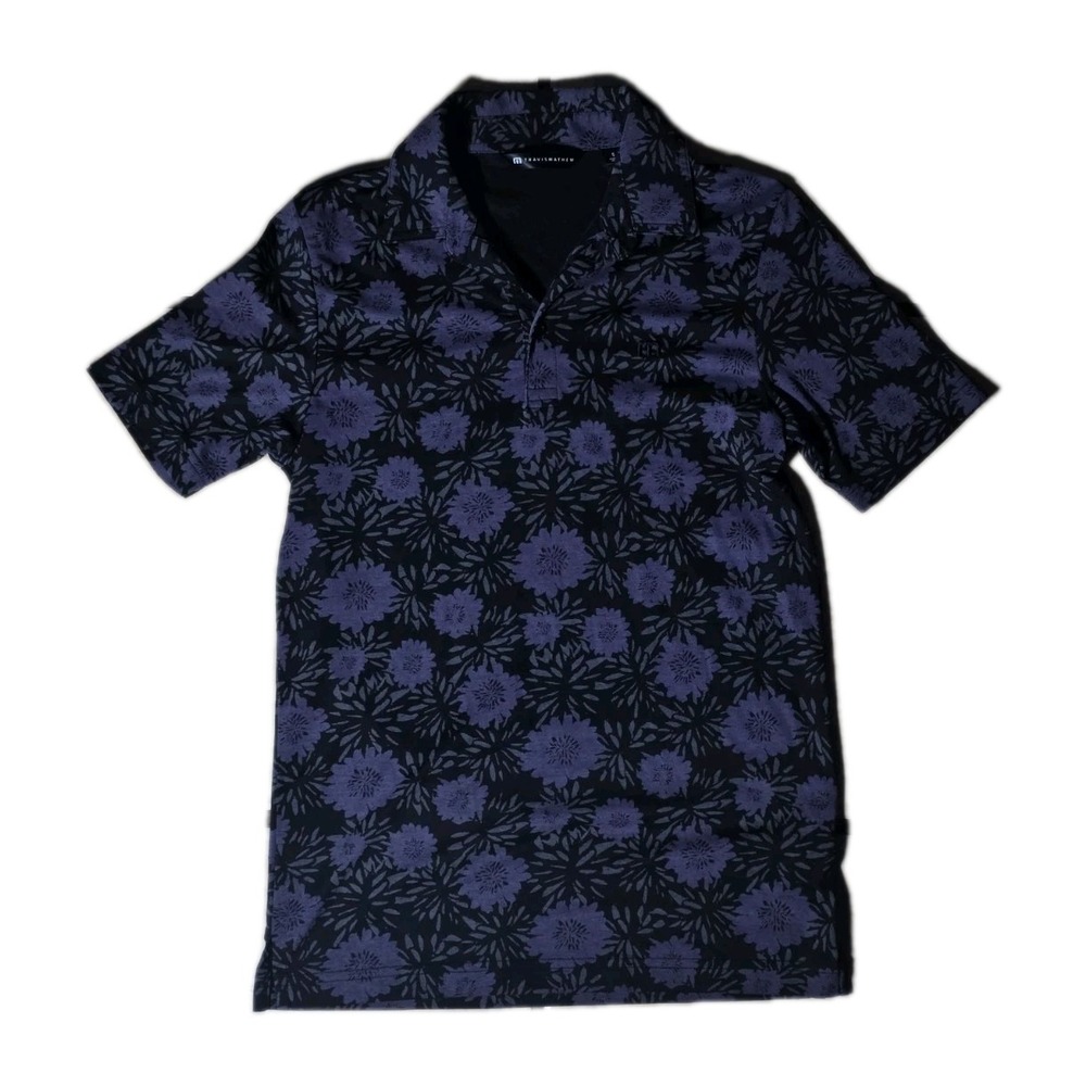 TravisMathew Polo Shirt Mens Small Black Purple Floral Golf Performance